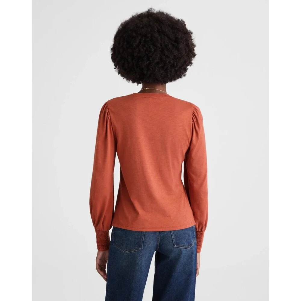 Madewell XS Smocked Long Sleeve Top in Soft Slub Faded Brick Cotton Pullover NWT